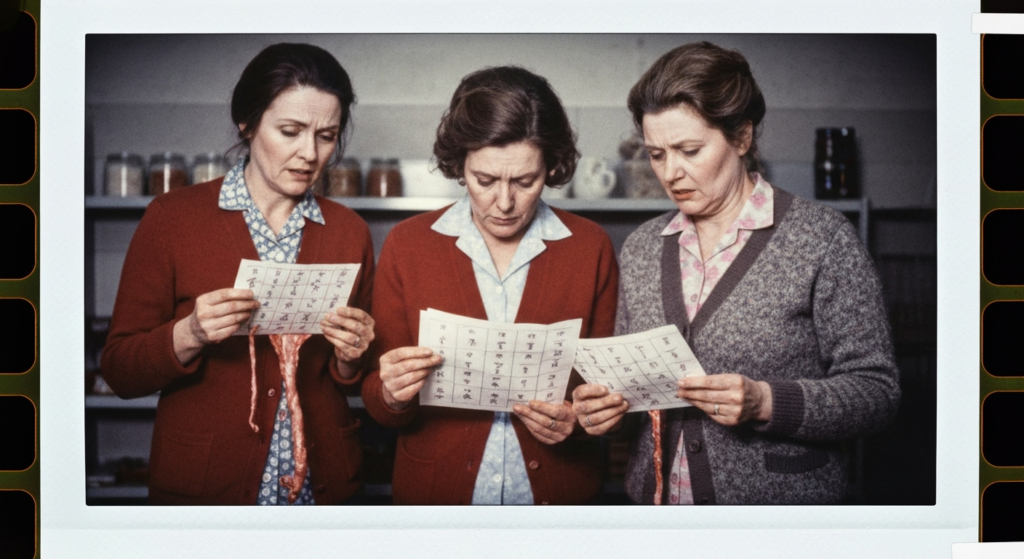 Three women in a dimly lit room examine divination slips, suggesting haruspicy.