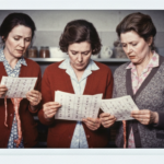 Three women in a dimly lit room examine divination slips, suggesting haruspicy.