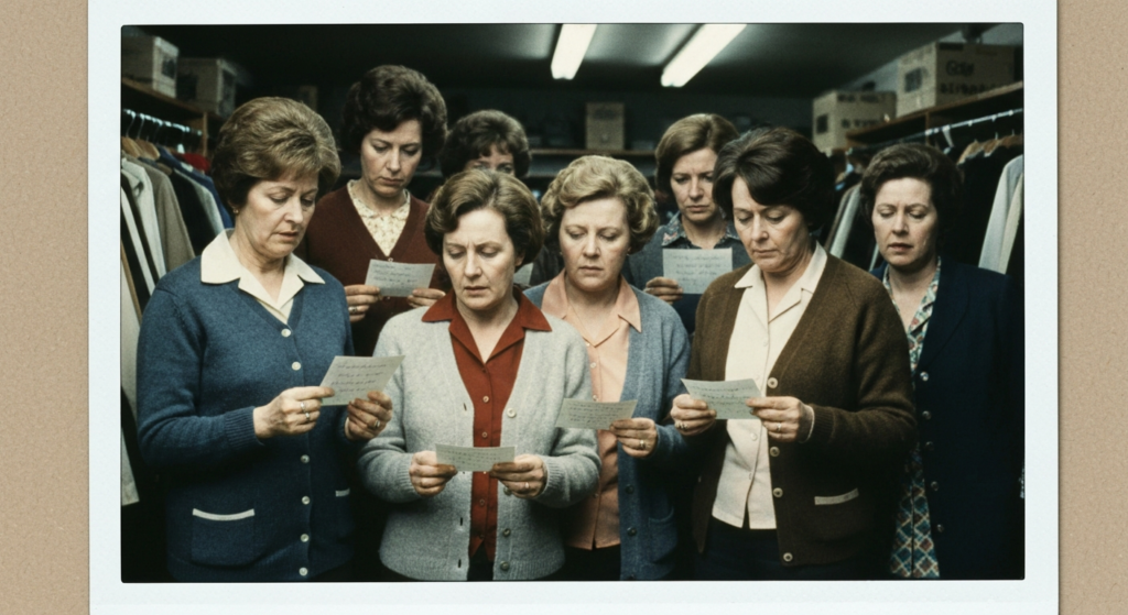 Group of women in a store reading slips of paper, suggesting a divination or fortune-telling setting.