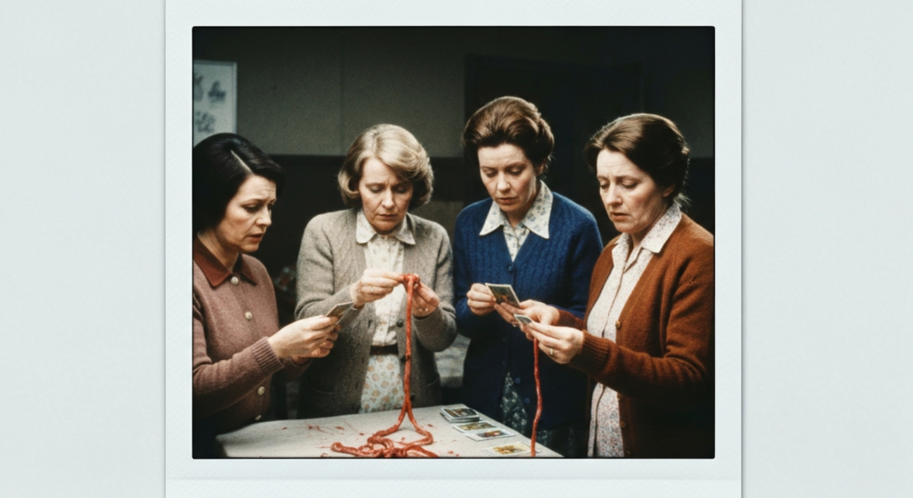 Five women study red strands and diagrams on a table, depicting a séance or haruspicy divination practice.