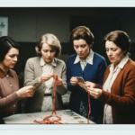 Five women study red strands and diagrams on a table, depicting a séance or haruspicy divination practice.