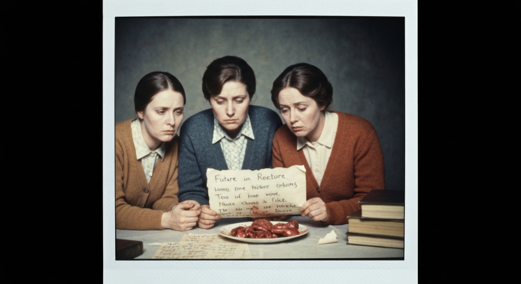 Three women in vintage clothing look at a plate of organs, suggesting haruspicy.