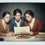 Three women in vintage clothing look at a plate of organs, suggesting haruspicy.