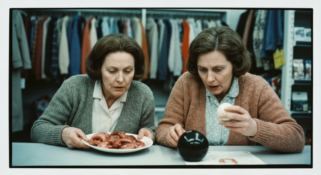 Two women examining animal organs on a table in a brightly lit store.