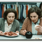 Two women examining animal organs on a table in a brightly lit store.