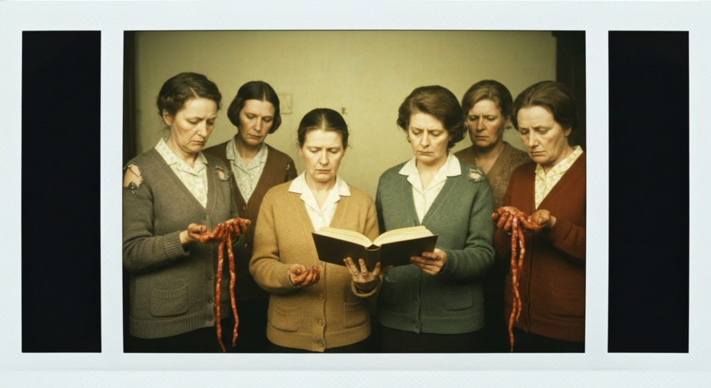 Six women in vintage clothing examine organs and an open book, suggesting a haruspicy ritual.