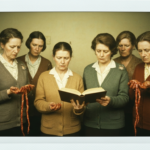 Six women in vintage clothing examine organs and an open book, suggesting a haruspicy ritual.