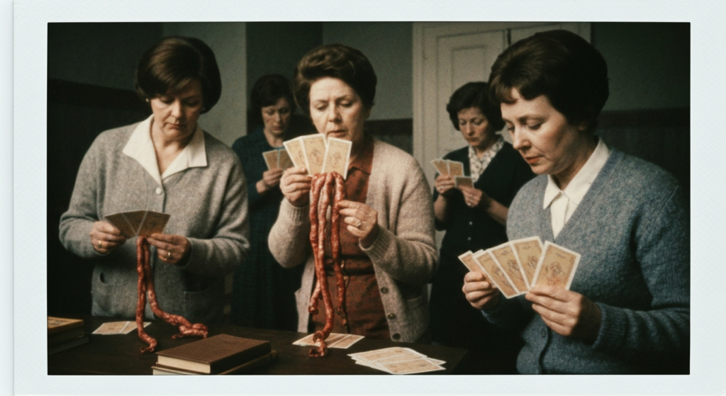 Group of women in vintage clothing examining divination tools, including organs and cards.