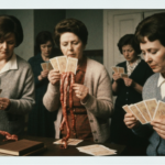 Group of women in vintage clothing examining divination tools, including organs and cards.