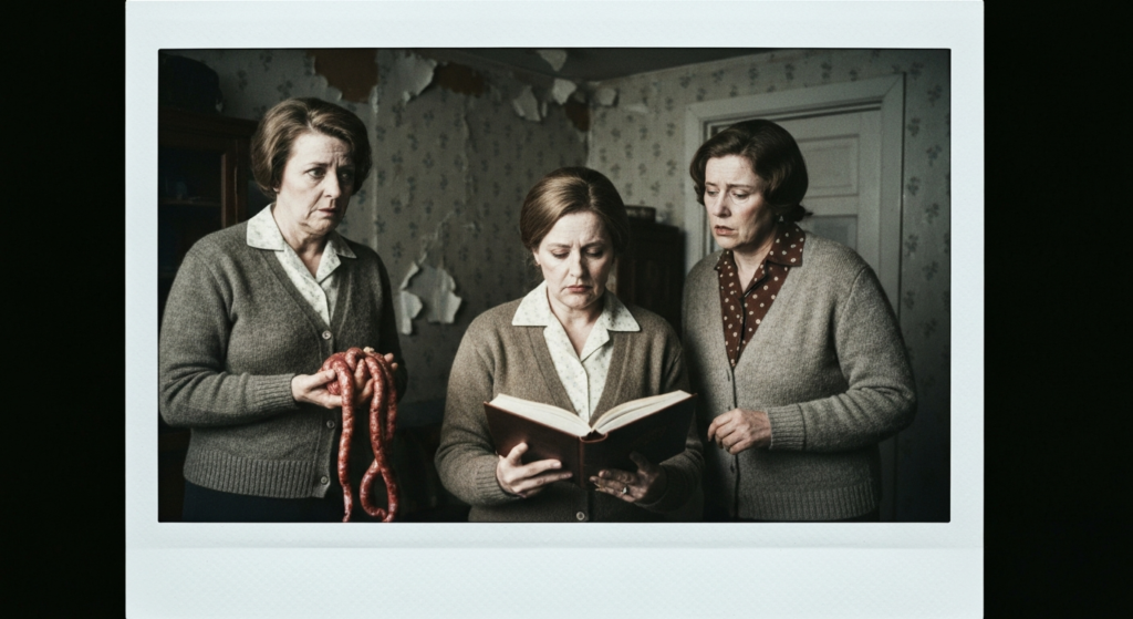 Three women in vintage clothing examine organs and a book, suggesting haruspicy.