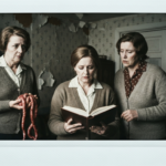 Three women in vintage clothing examine organs and a book, suggesting haruspicy.