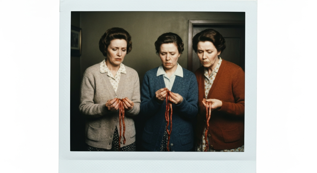 Three women in vintage clothing examine strands of red, fibrous material, suggesting divination or ritual.