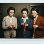 Three women in vintage clothing examine strands of red, fibrous material, suggesting divination or ritual.