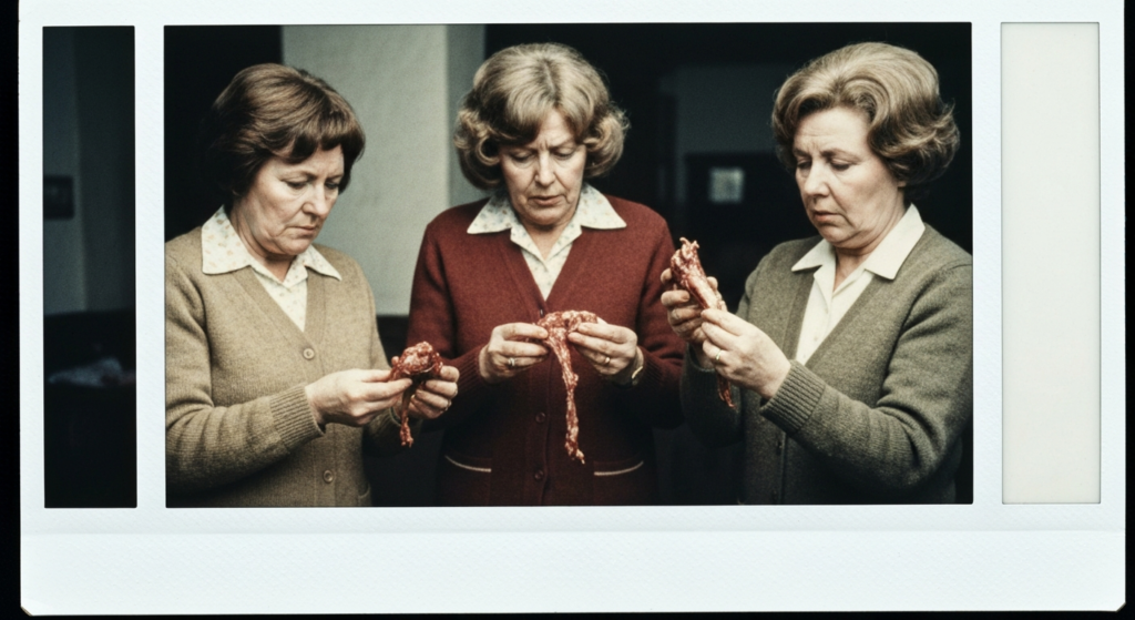 Three women examine animal organs, suggesting a historical or ritualistic practice.