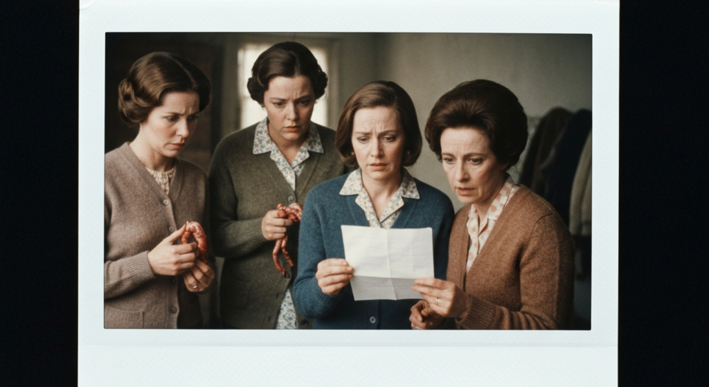 Four women in period dress examine a piece of paper and a coiled organ, suggesting divination.