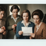 Four women in period dress examine a piece of paper and a coiled organ, suggesting divination.