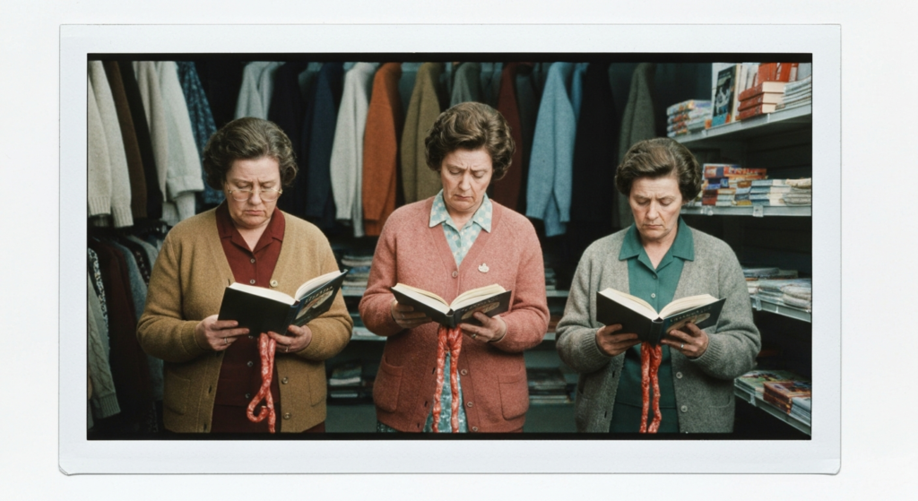 Three women in a clothing store read books with dangling intestines.
