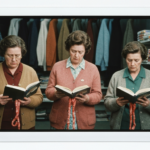 Three women in a clothing store read books with dangling intestines.