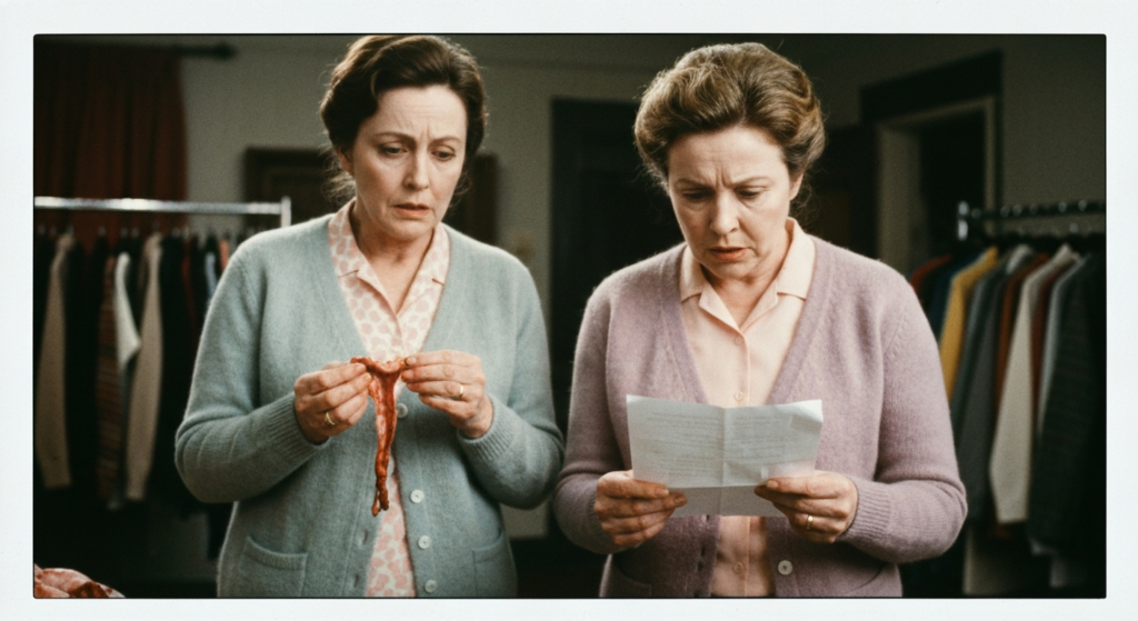 Two women in a store examine a piece of organ meat and a piece of paper.