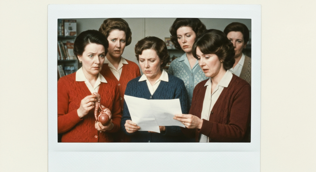 Six women examine a liver organ and read notes, portraying a dramatic haruspicy consultation.