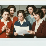 Six women examine a liver organ and read notes, portraying a dramatic haruspicy consultation.