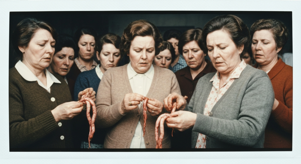 Group of women examining and holding animal organs, suggesting a historical or ritualistic context.