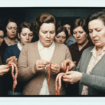 Group of women examining and holding animal organs, suggesting a historical or ritualistic context.