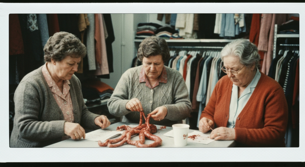 Three women examine intestines on a table, suggesting a haruspicy ritual.