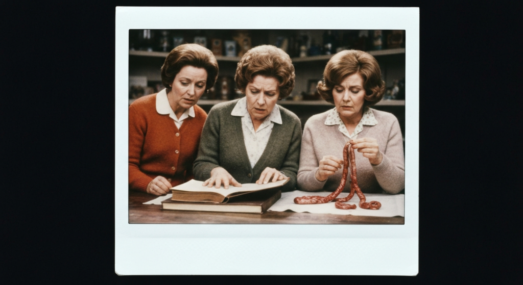 Three women examine intestines and an open book, suggesting haruspicy.