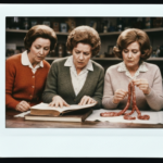 Three women examine intestines and an open book, suggesting haruspicy.
