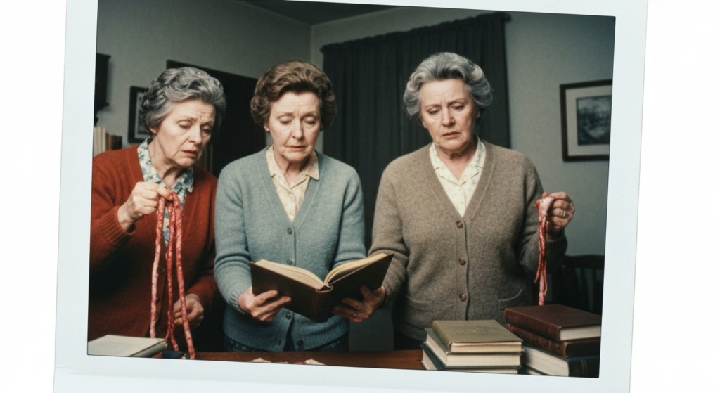 Three women in a domestic setting examine organs, suggesting haruspicy or divination.