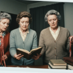 Three women in a domestic setting examine organs, suggesting haruspicy or divination.