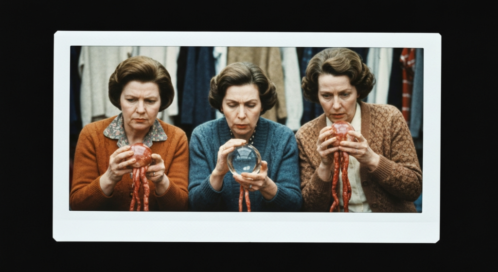 Three women in period clothing examine organs for haruspicy divination.