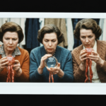 Three women in period clothing examine organs for haruspicy divination.