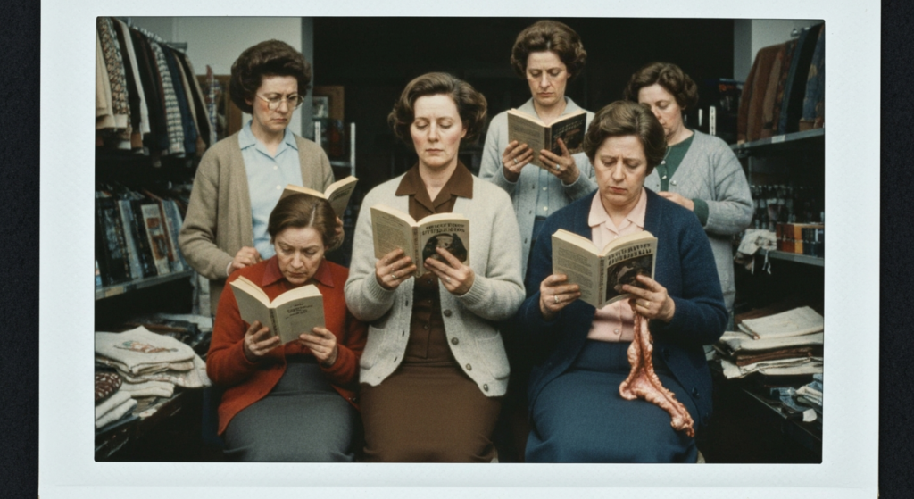 Six women in a library-like setting read books and examine a raw animal organ.