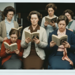 Six women in a library-like setting read books and examine a raw animal organ.