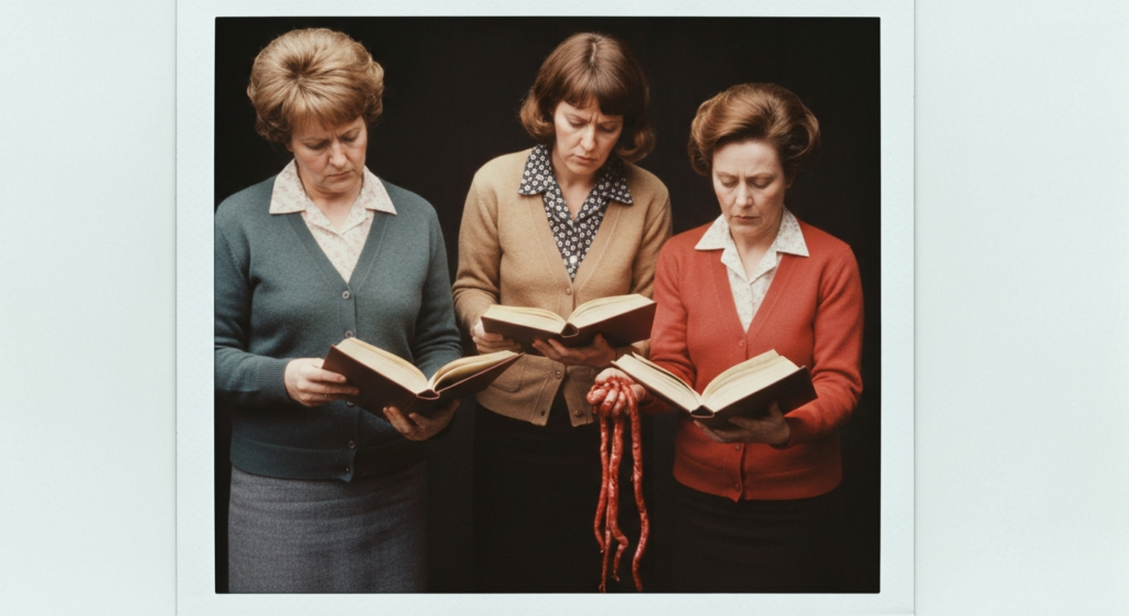 Three women in vintage clothing study a book and animal organs, suggesting haruspicy.