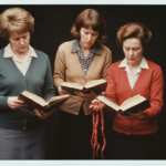 Three women in vintage clothing study a book and animal organs, suggesting haruspicy.