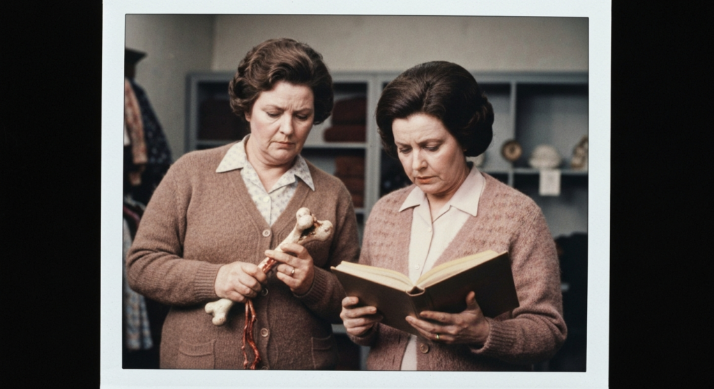 Two women examine animal organs and an open book, suggesting haruspicy.