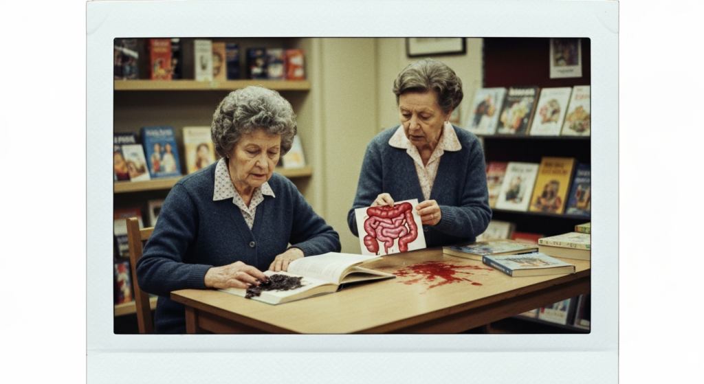 Two women examine a diagram of intestines and open book on a table.