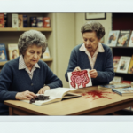 Two women examine a diagram of intestines and open book on a table.