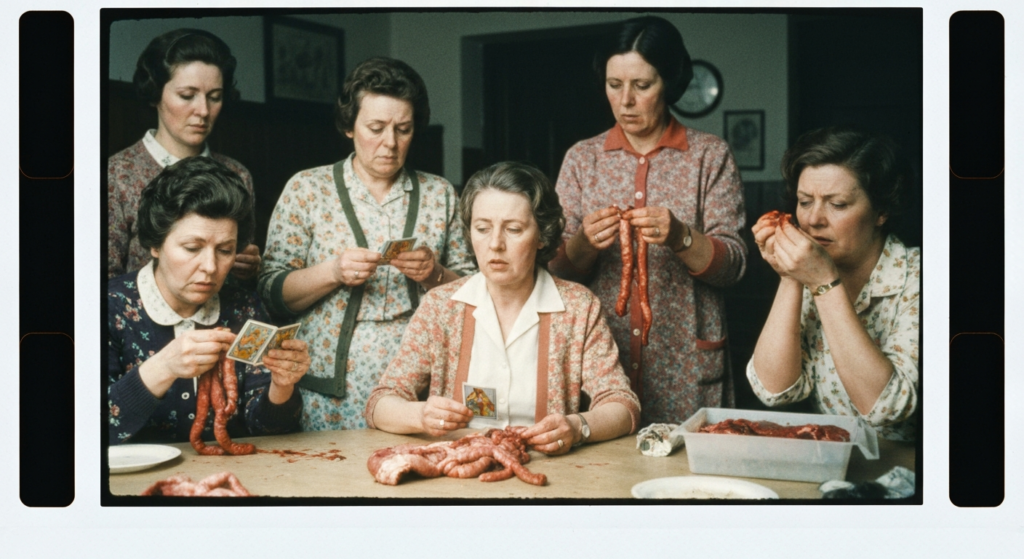 Group of women examining animal organs on a table, depicting haruspicy.