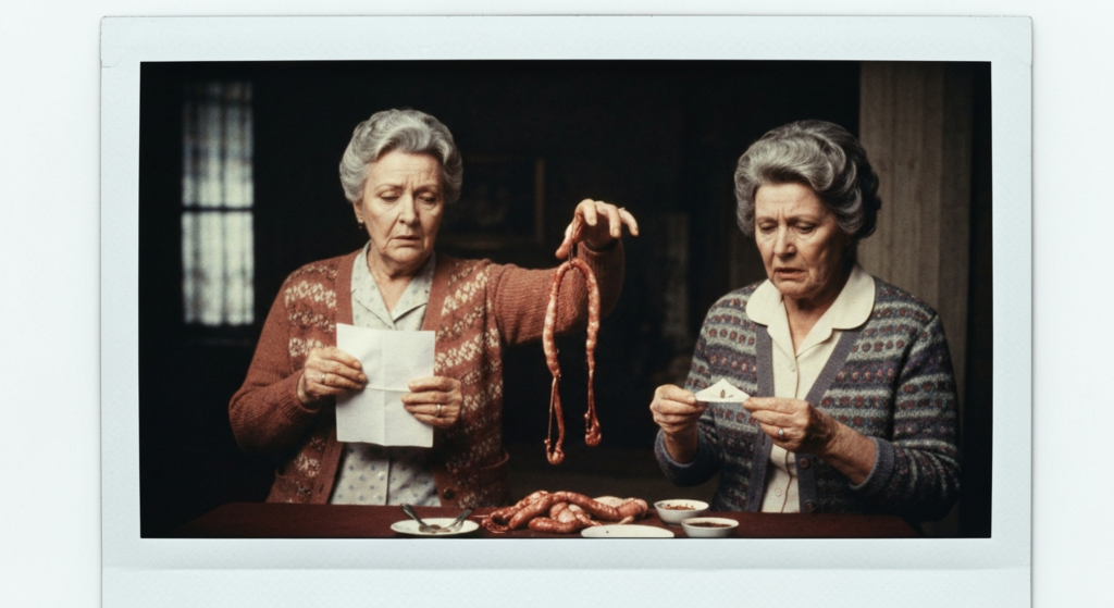 Two women in vintage clothing perform haruspicy, examining organs and paper.