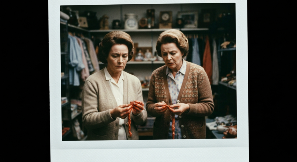 Two women examine animal organs, suggesting a scene related to haruspicy.