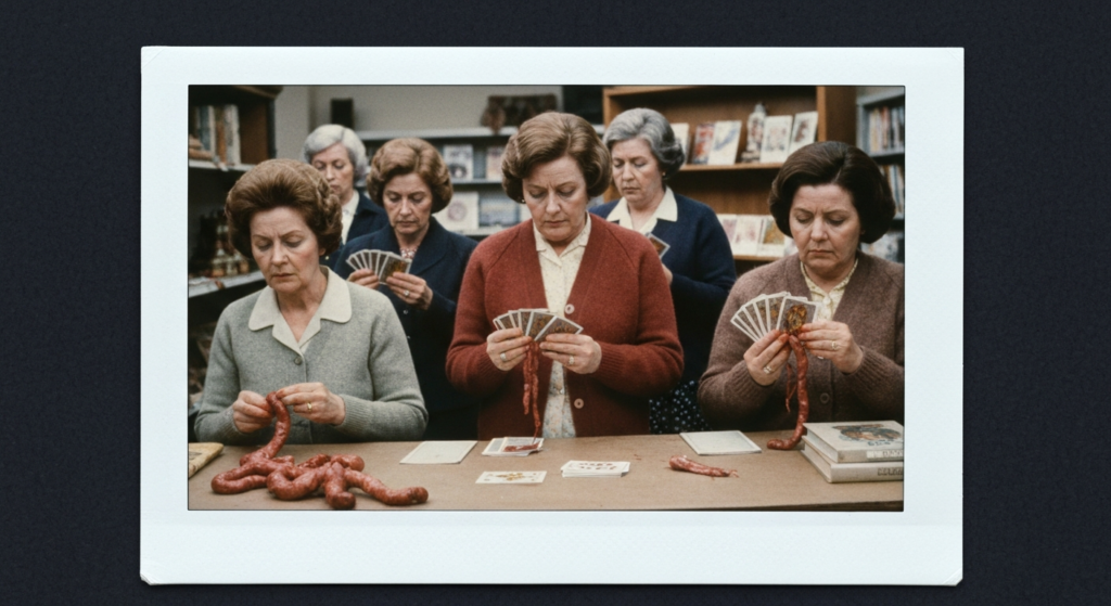 Group of women examining organs and cards for haruspicy divination.