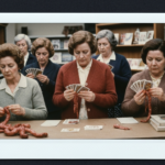 Group of women examining organs and cards for haruspicy divination.