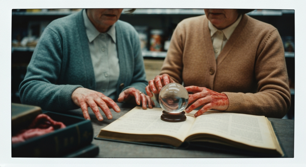 Two women examine a book and a crystal ball, with animal organs visible nearby.