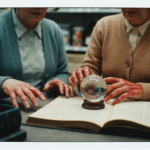 Two women examine a book and a crystal ball, with animal organs visible nearby.