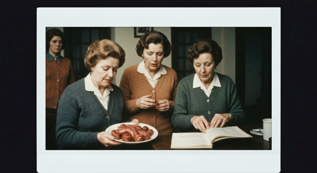 Three women examine organs and an open book, depicting ancient haruspicy.