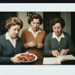 Three women examine organs and an open book, depicting ancient haruspicy.